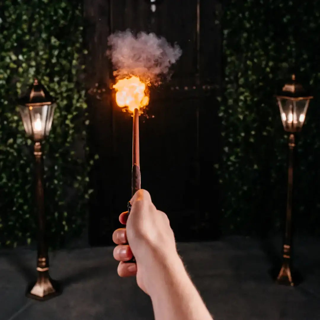 Harry Potter wand that shoots fire, real magic wand with glowing flame effect.